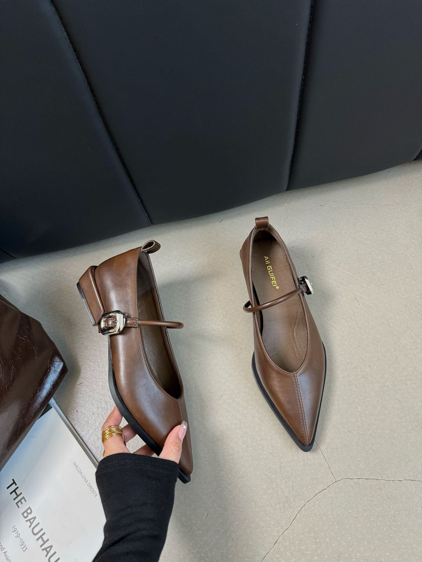 Womens Chunky-Heeled French-Style Retro Pointed-Toe Brown Mary Jane Shoes