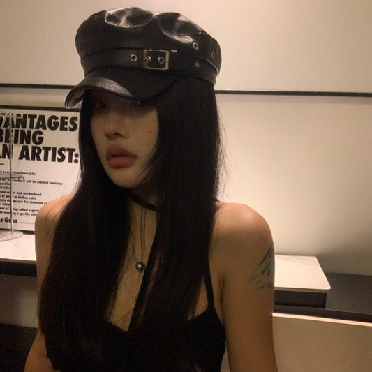 Girly-style Niche Leather-buckle Beret For Women Leather Octagonal Cap