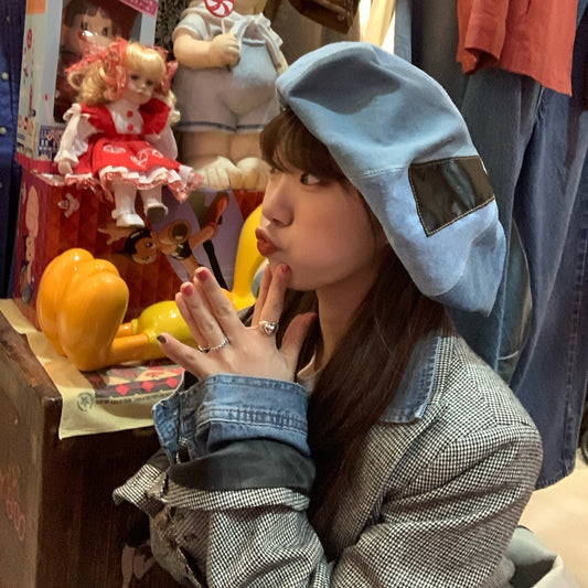 Washed Denim Niche Cloud Zip Beret Hat