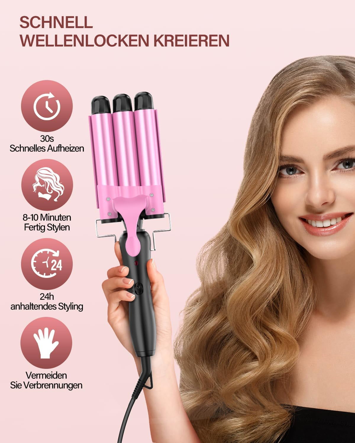 Rizador Profesional Con Cono Rizador, Plancha De Pelo Ondulada De Cerámica De 25 Mm Para Rizos Perfectos Y Cabello Ondulado, Estilo Versátil Y Duradero, Rosa