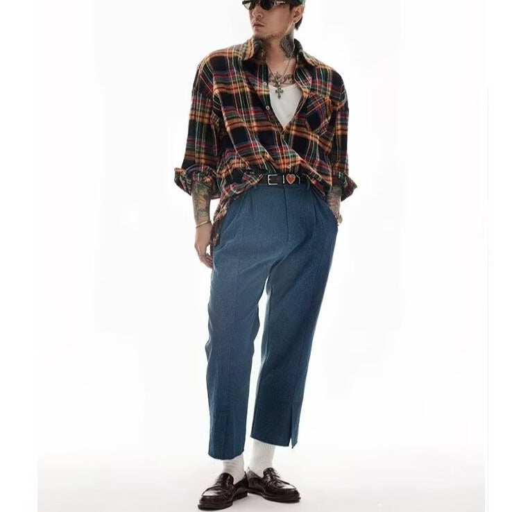 American-style Retro Color-block Plaid Long-sleeve Shirt