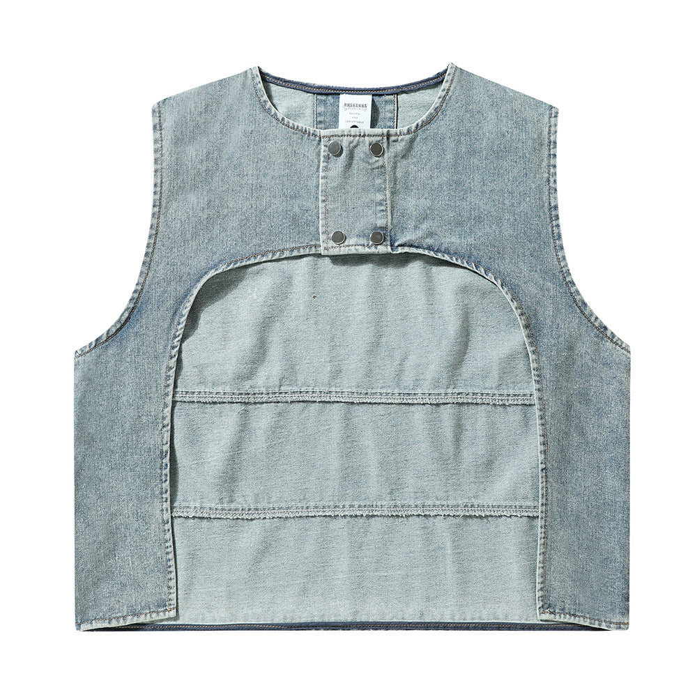 Denim Vest Men's Loose Casual High Street Patchwork Round Neck Coat