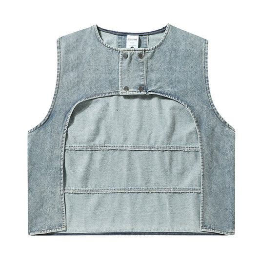 Denim Vest Men's Loose Casual High Street Patchwork Round Neck Coat