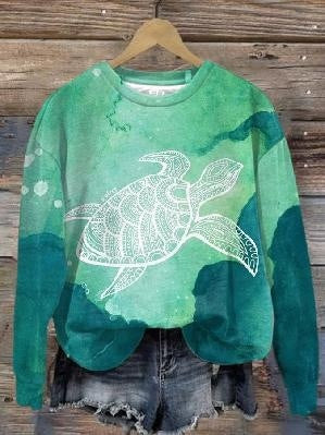 Kvinders Efterårs- og Vintertrends Digitaltrykt Rundhalset Sweater med Slidsede Skuldre og Lange Ærmer