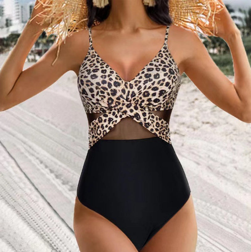Halter-Neck One-Piece Swimsuit Summer Solid Color Cross-Strap Design Mesh Bikini Beach Vacation Womens Clothing