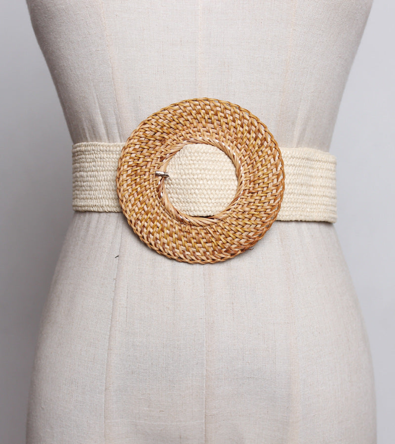 Versatile Oversized Round Buckle Straw  Elastic Belt