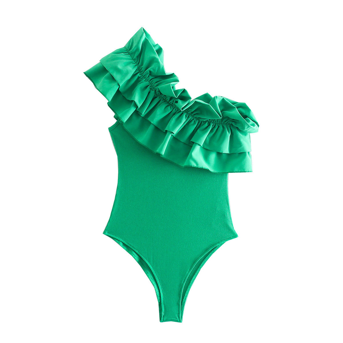 French One-shoulder Green Ruffle Shorts Jumpsuit