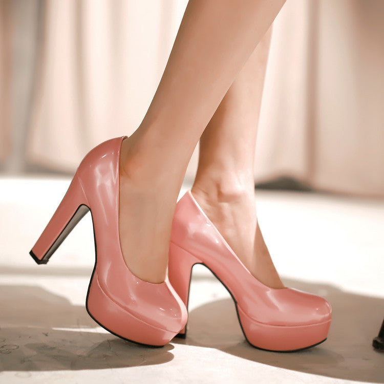 European And American Patent Leather Ladies High Heels Pumps Round Toe Water Platform Thick Heel Shoes
