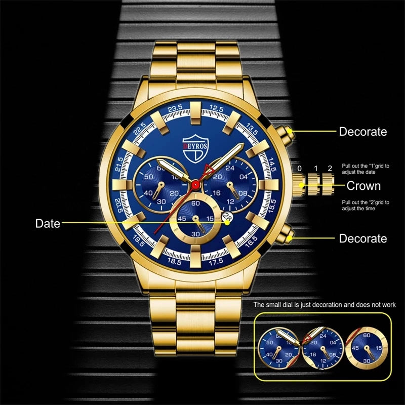 Luxury Men's Stainless Steel Quartz Wristwatch with Calendar and Luminous Hands