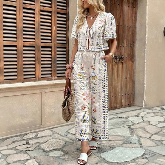 Women's High-waist Printed Top And Pants Set