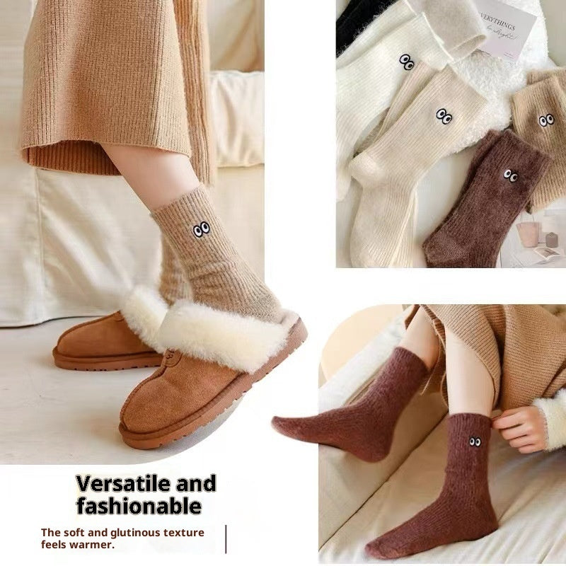 Autumn And Winter Small Eyes Mid-calf Plus Velvet Socks