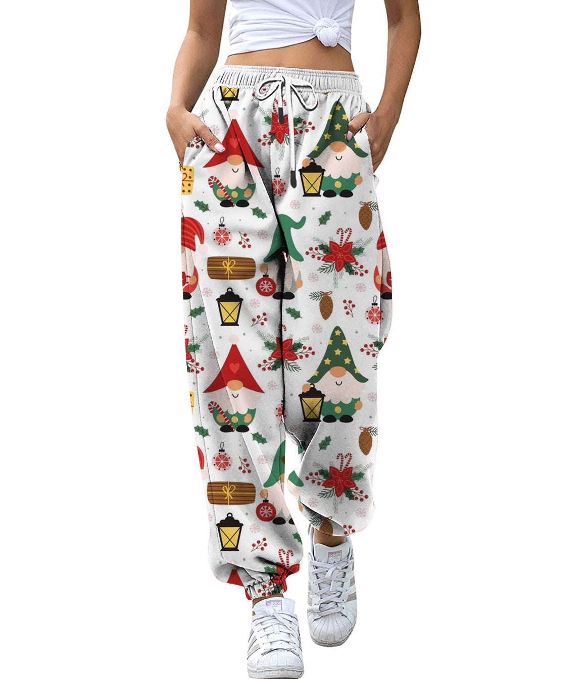 European And American Christmas High Waist Loose 3d Printed Casual Drawstring Women's Sports Casual Pants