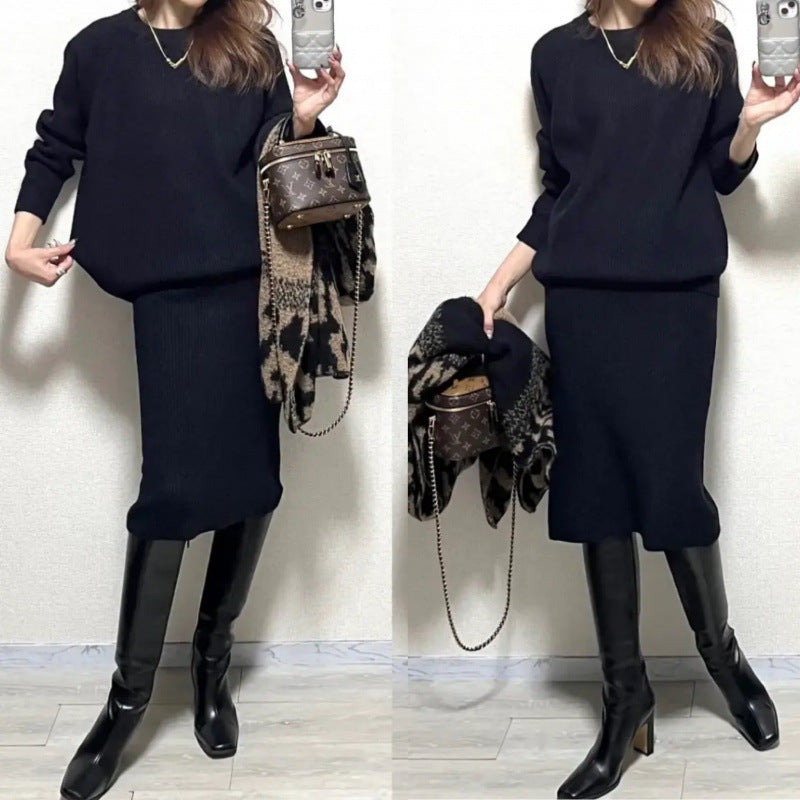 White Collar Thickness Knitted Two-piece Thermal Base Bandage Dress Suit