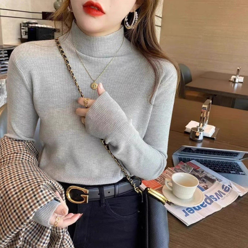 White Stand Collar Half Turtleneck Long-sleeve Knitted Undershirt