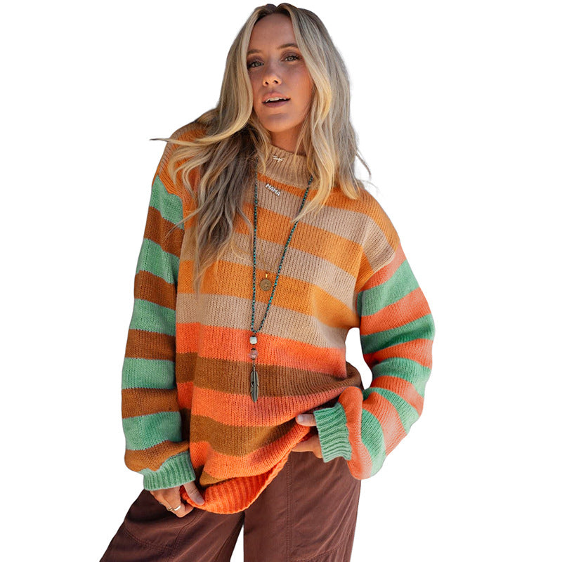 Women's Creative Striped Pullover Round Neck Long Sleeves Sweater