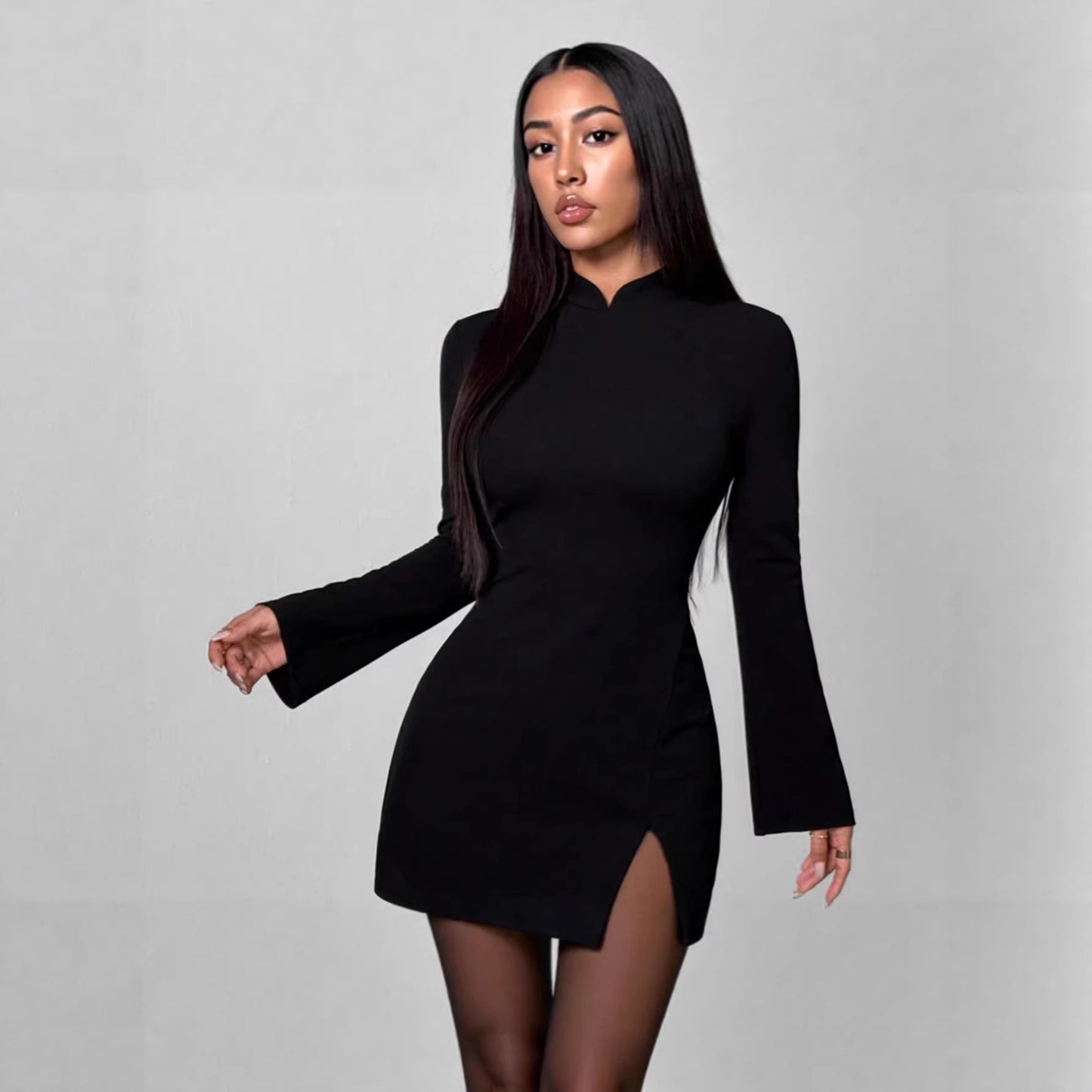New Womens Solid-Colored Flared Long-Sleeve Dress