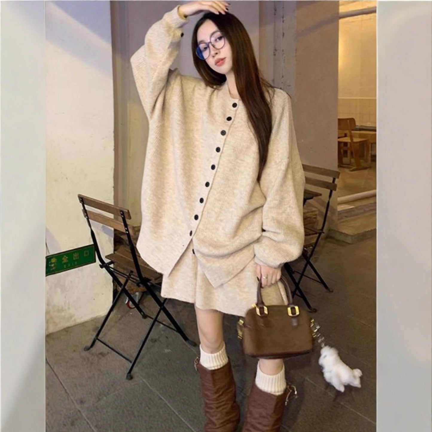 Womens Knitted Two-piece Set Solid-color Skirt And Sweatercardigan Jacket