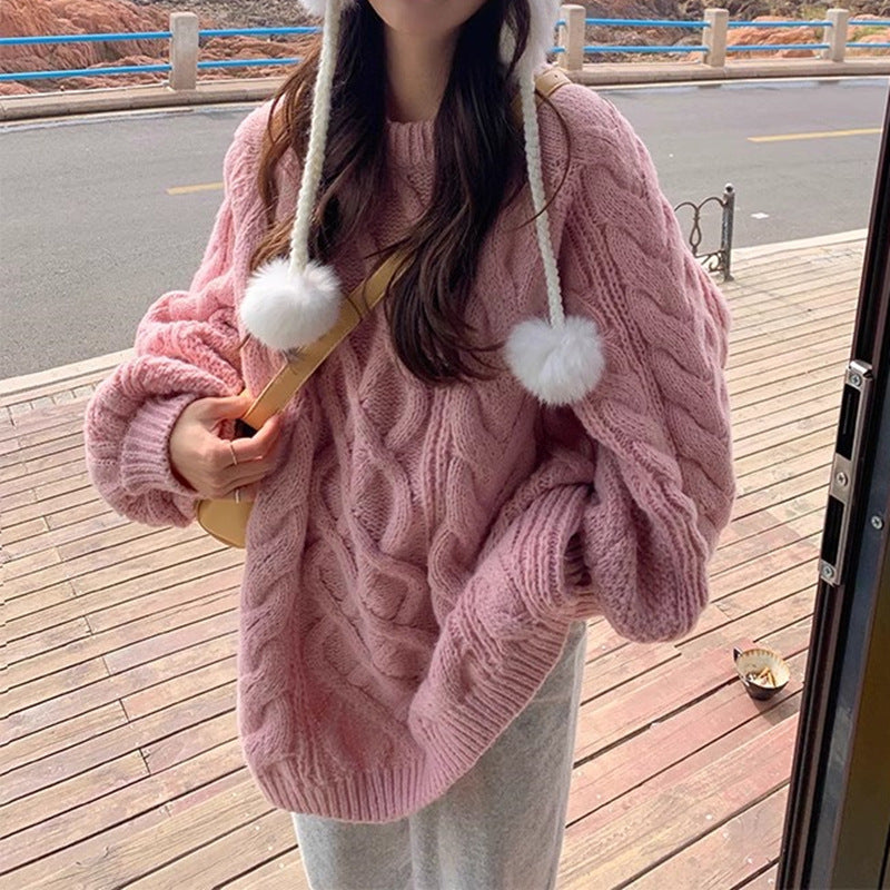 Thick Thread Cable-knit Sweater Female Thick Mid-length