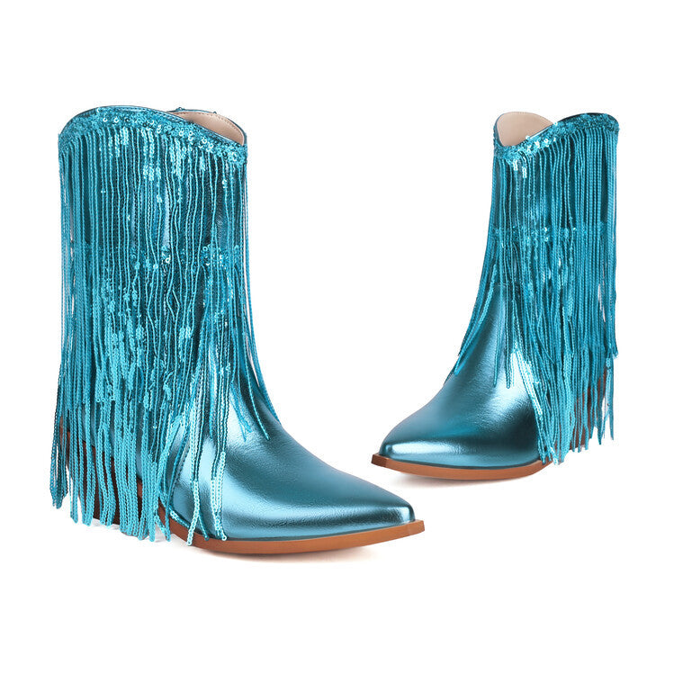 Sexy Sequin Tassel Pointed-Toe Chunky-Heel Ankle Boots For Women