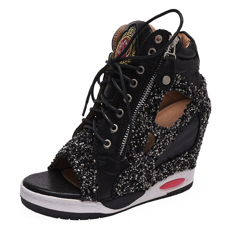 Personalized Sponge Cake With Thick-soled Casual Sequin Lace-up Fish Mouth Shoes