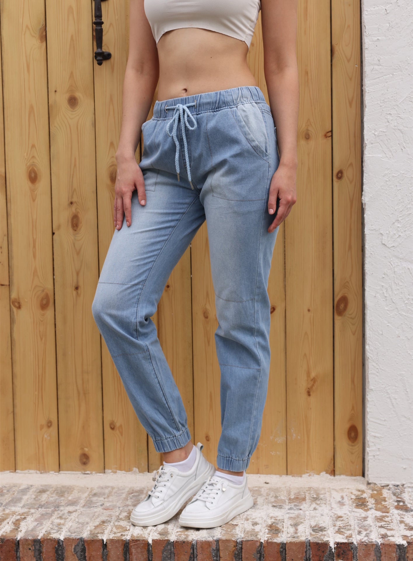Casual Lyseblå Jeans med Elastisk Talje og Bindebånd