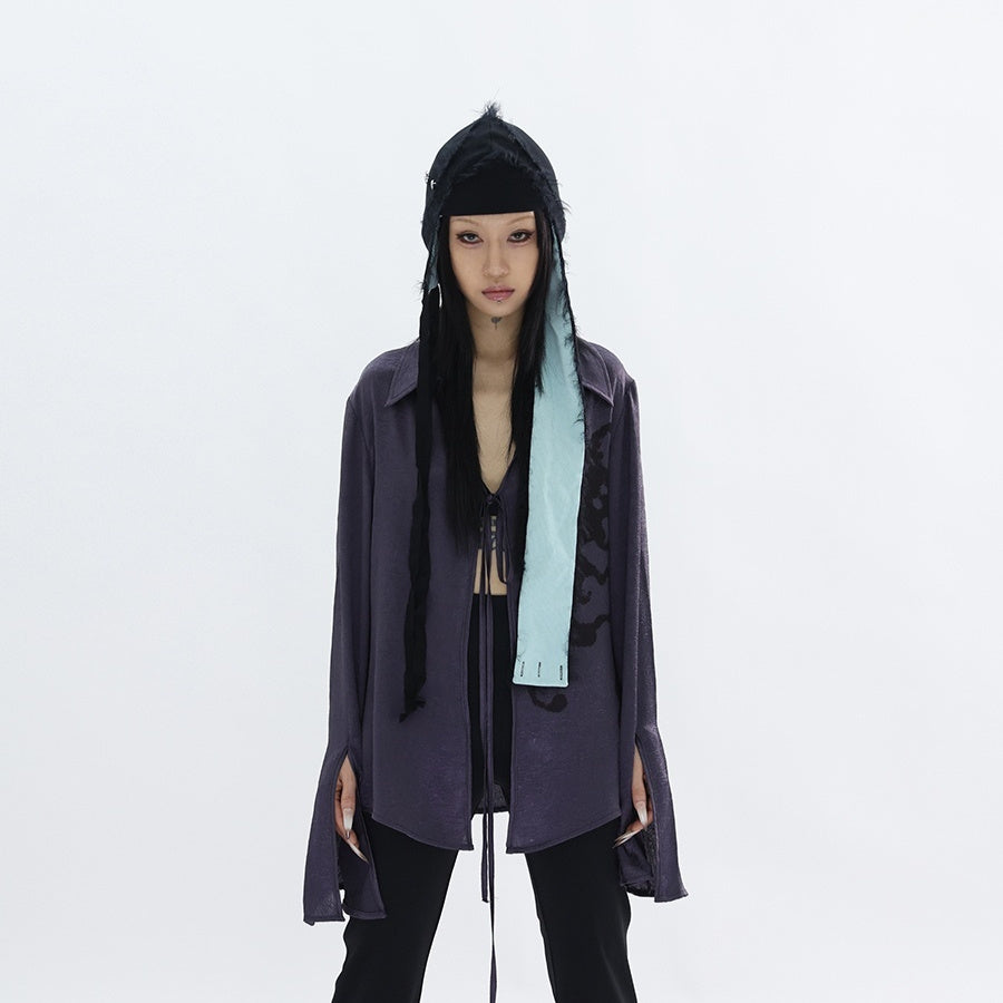 Pleated Satin Abstract Printing Vintage Lace-up Purple Shirt