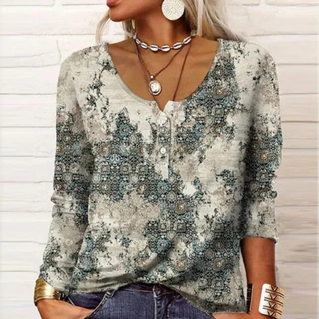 Women's Long-Sleeve Printed V-Neck Loose T-Shirt