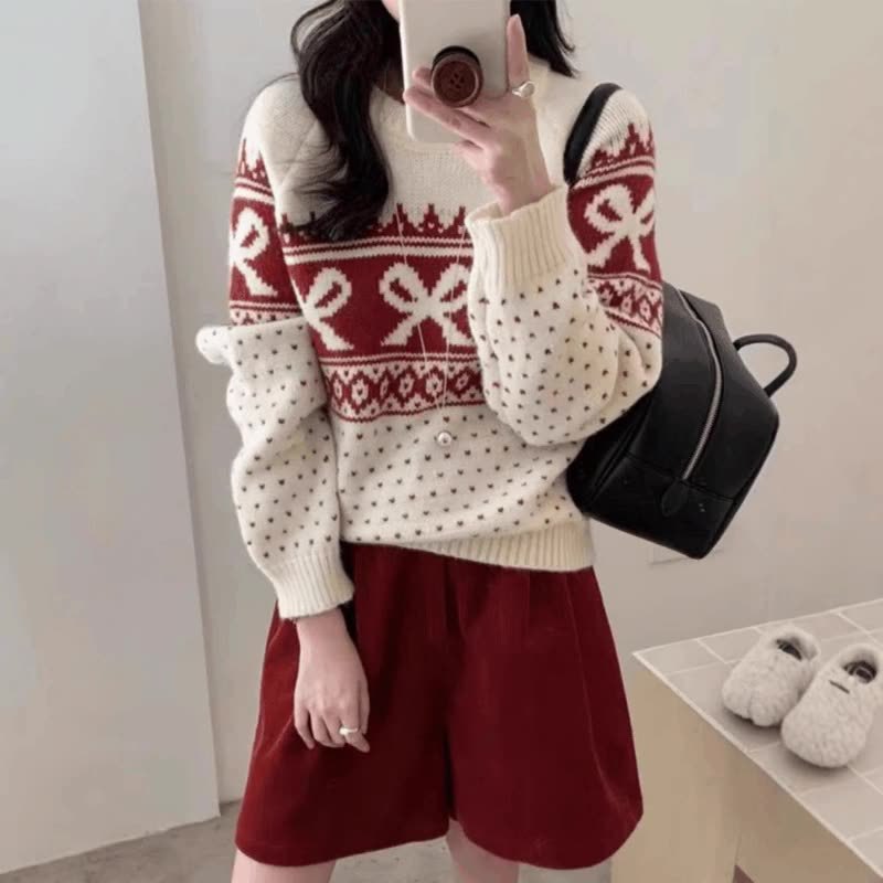 Women's Korean-style Vintage Jacquard Round Neck Sweater With Bow
