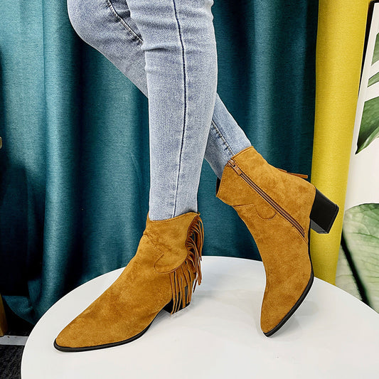 Plus Size Women's Tassel Boots Women's Boots Pointed Toe Thick Heel