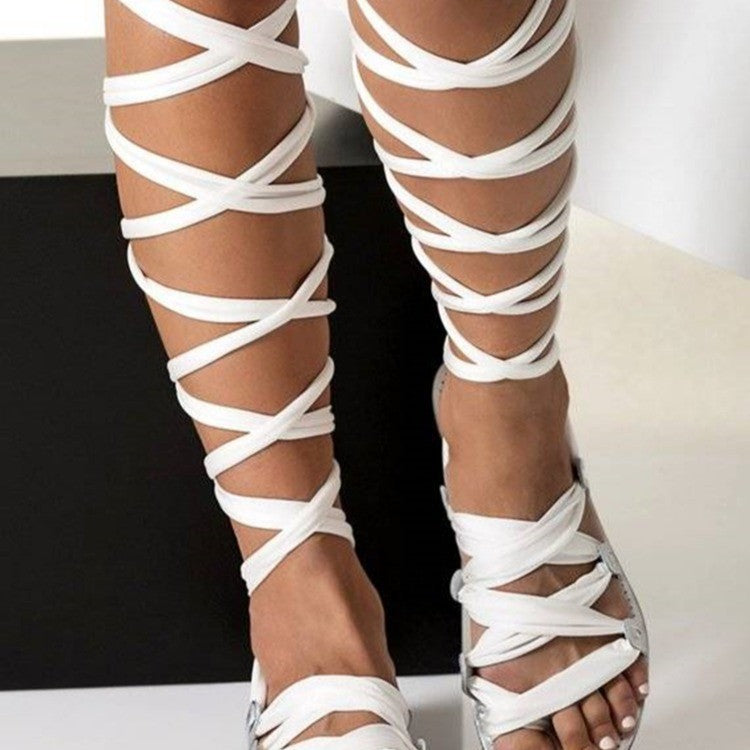 Large Size European And American Fashion High-top Ankle Ring Strap Set Toe Flat Roman Sandals Women