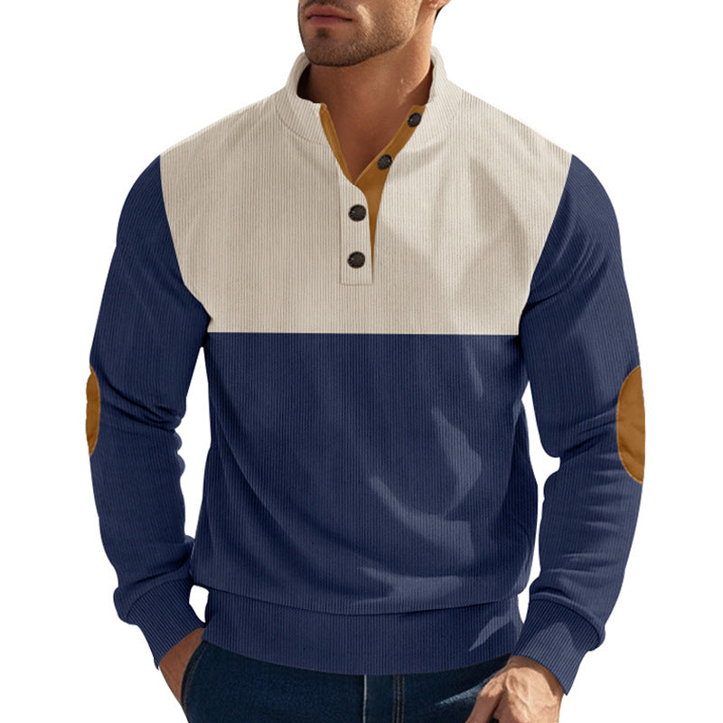 Men's Casual Button Half-open Stand Collar Coat Fashion Colorblock Sweater