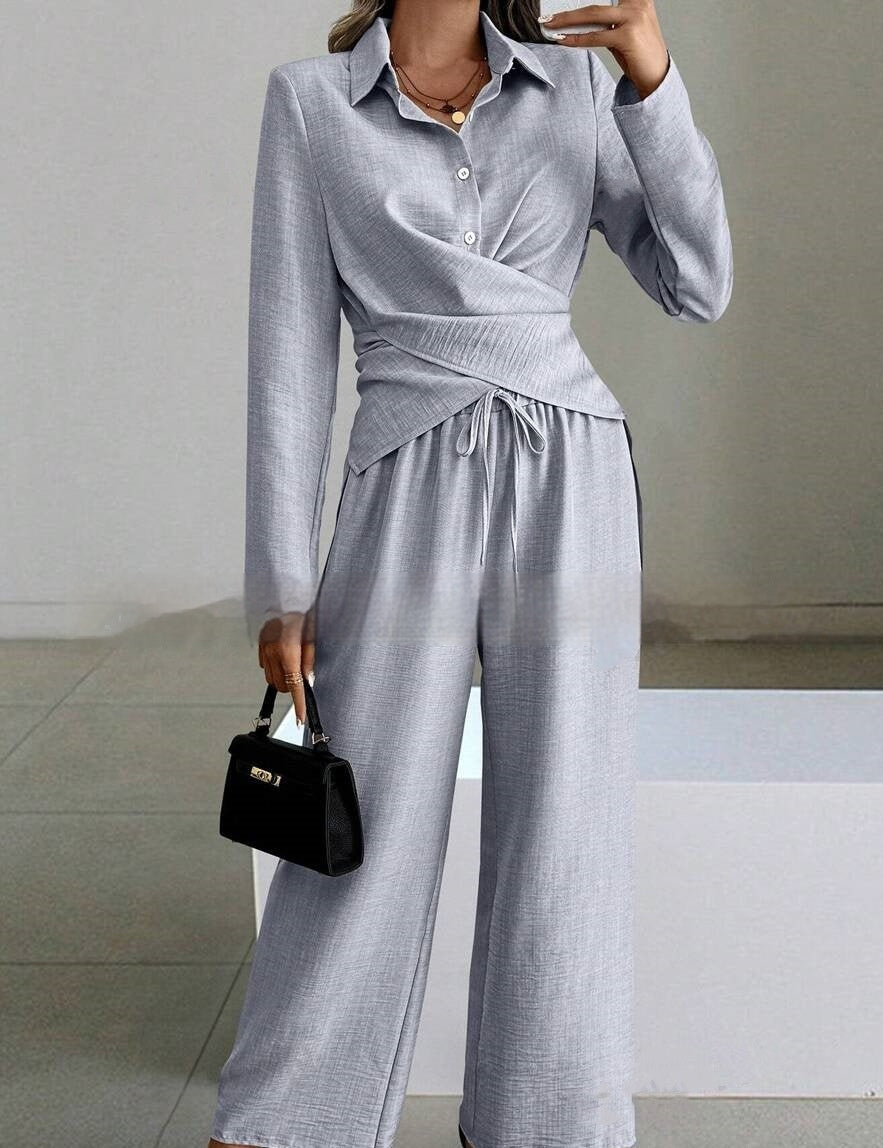 Women's Elegant Shirt Top And Wide-Leg Pants Two-Piece Set