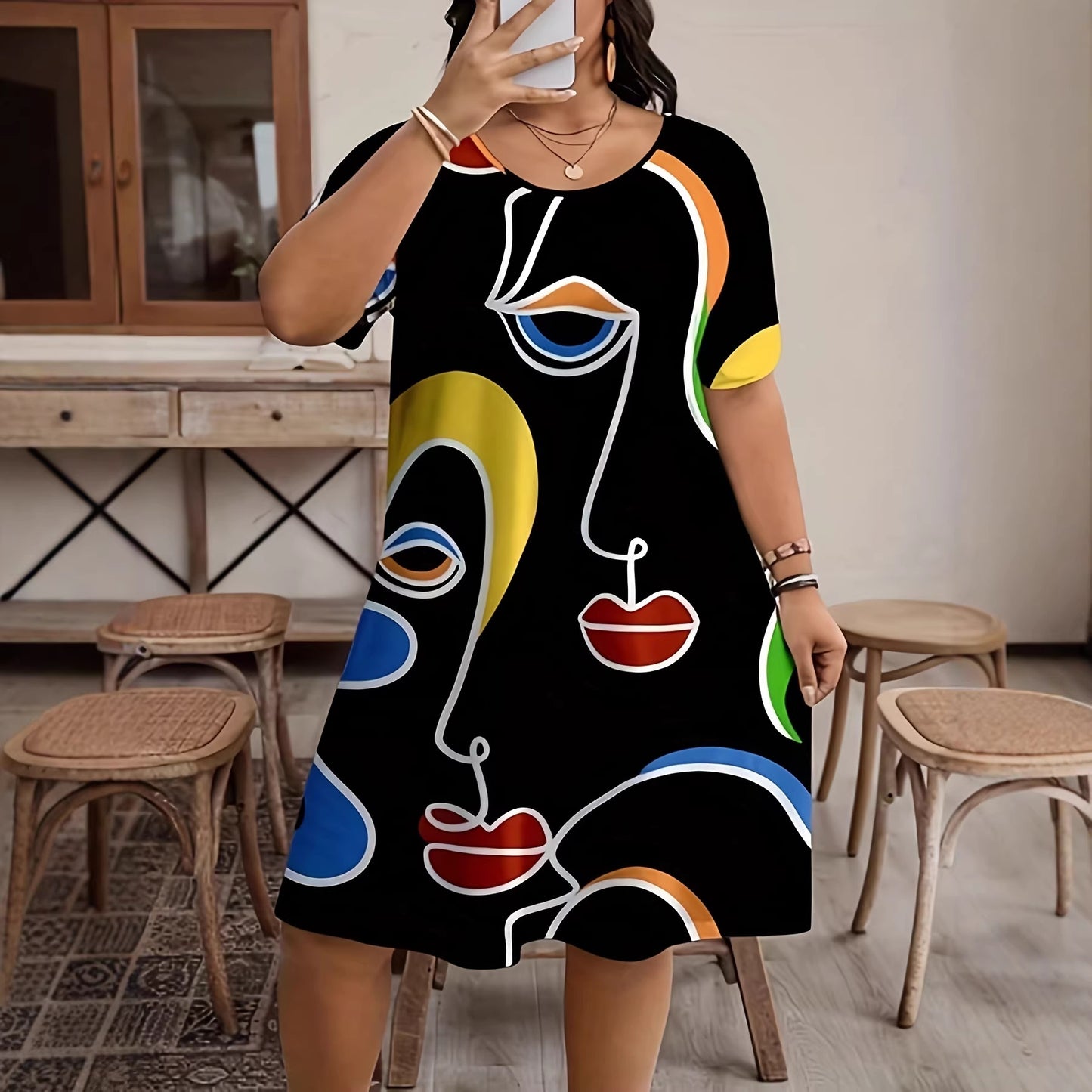 SpringSummer Fashion Womens Plus-Size Casual Simple All-Over Print Dress