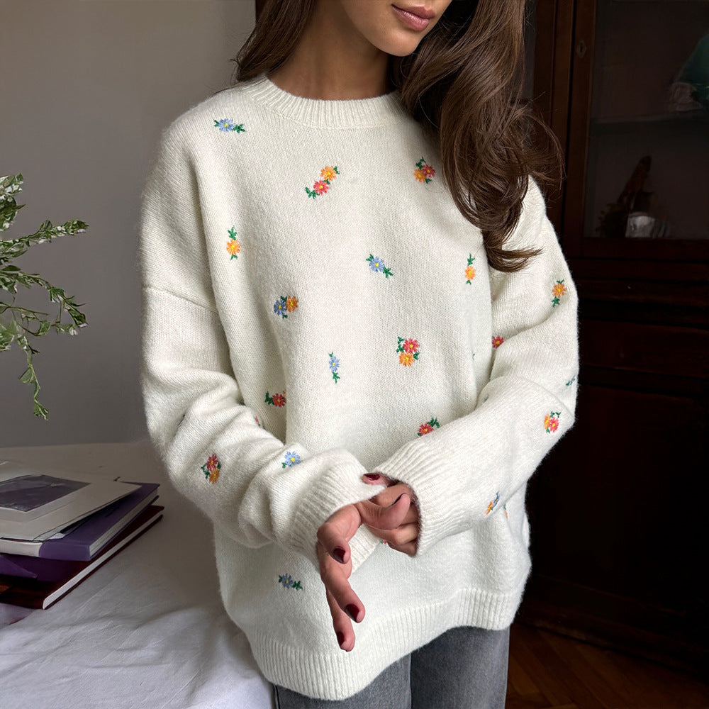 Crew Neck Pullover Embroidered Flower Sweater
