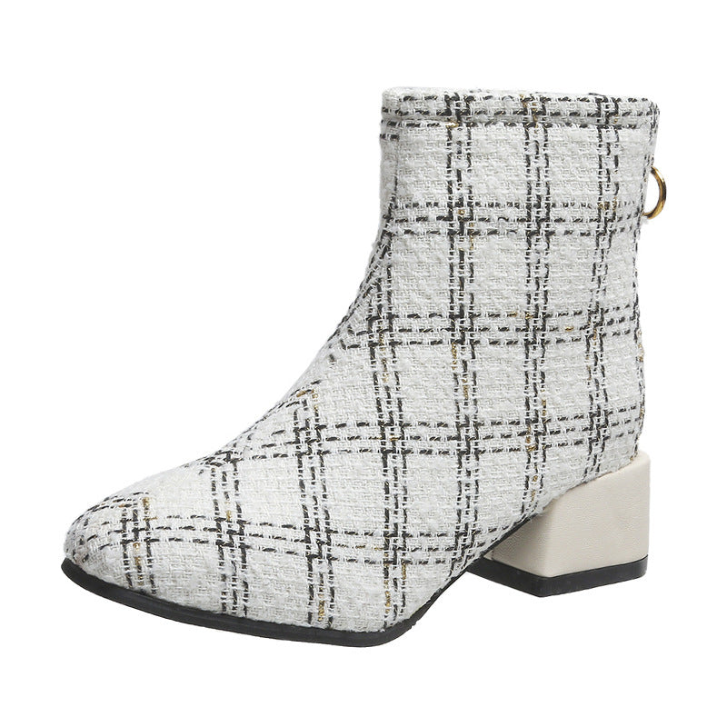 Autumn And Winter Plus Velvet Warm Plaid Martin Boots With Zipper Tips