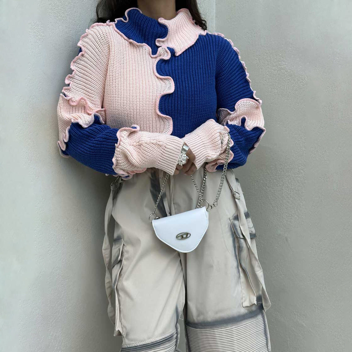 Fashionable Stringy Selvedge Large Color Block Contrast Color Sweater