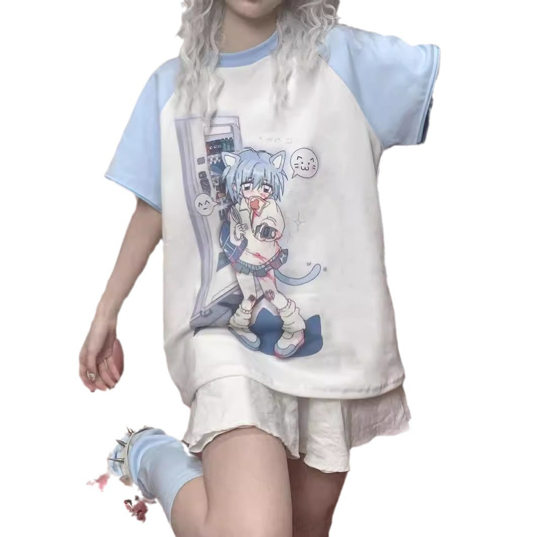 Water Color Raglan Girl Cute Sister Sleeve Detachable Short Sleeve T-shirt