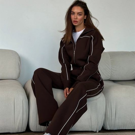 Casual Set Long Sleeve Zip-front Cardigan Loose Striped Sweatshirt Elastic Wide-leg Pants Two-piece Set