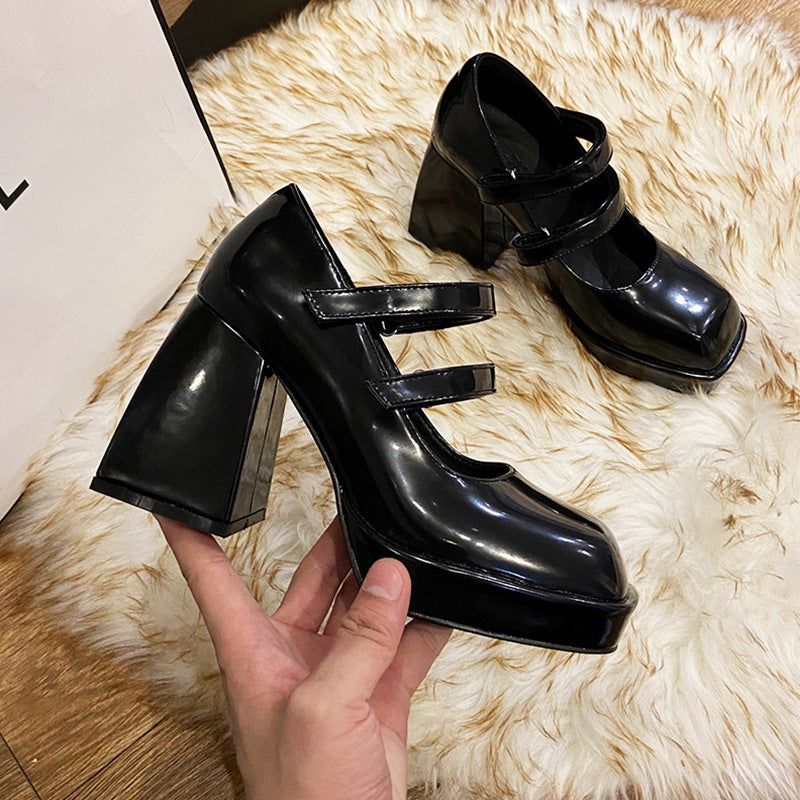 French Retro Platform Mary Jane Shoes Waterproof Platform Square Head