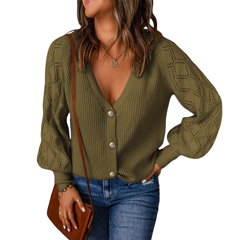 Women's Solid Color Rhombus Puff Sleeve Knitted Sweater Coat
