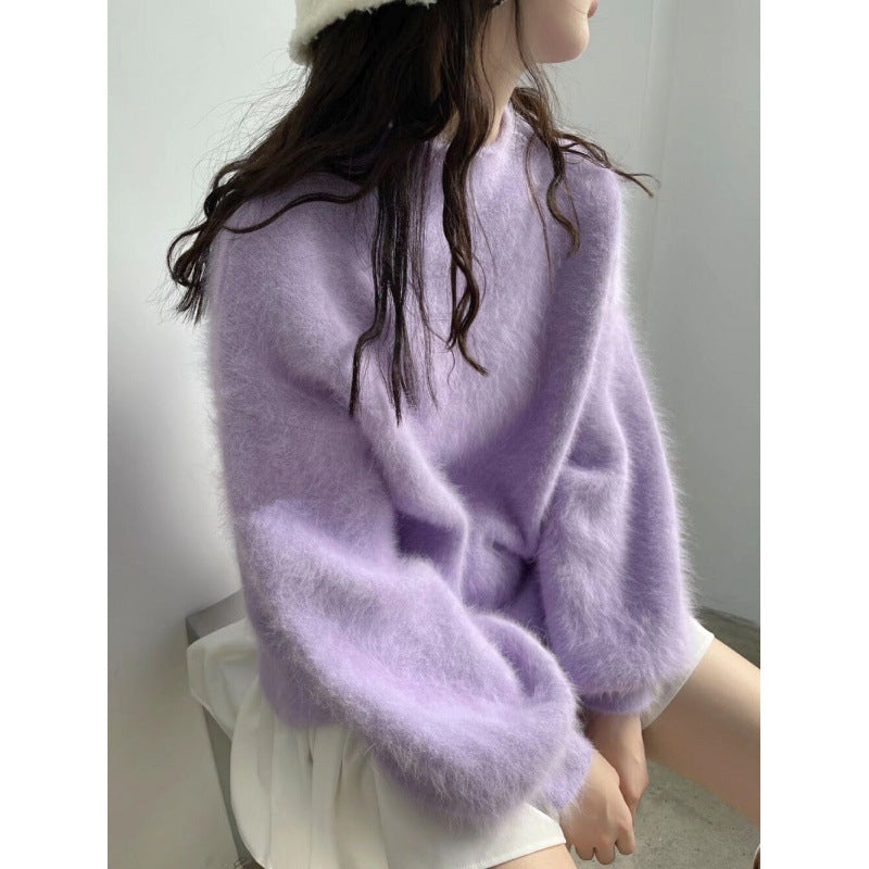 Loose Solid Color Temperament Lantern Sleeve Half Turtleneck Versatile Jumper