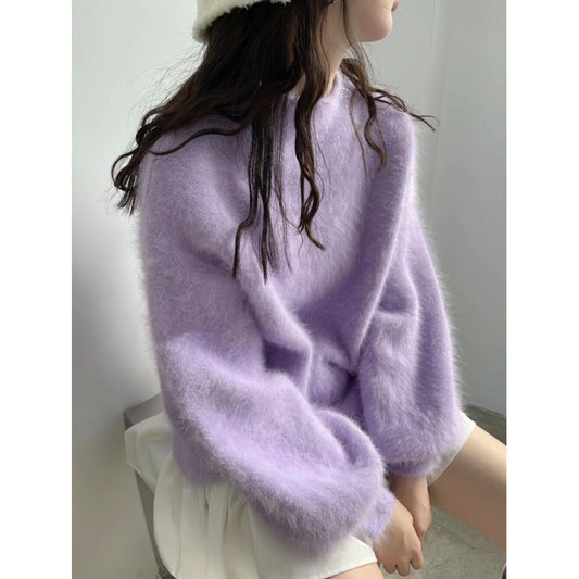 Loose Solid Color Temperament Lantern Sleeve Half Turtleneck Versatile Jumper