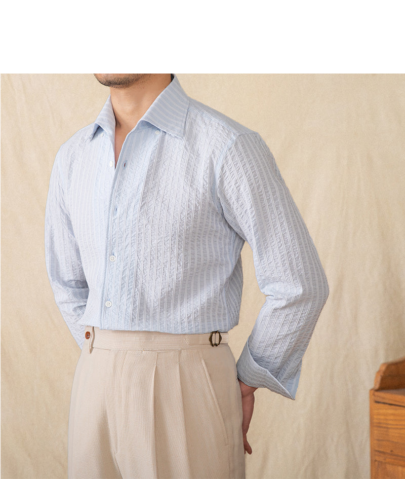 Cotton Seersucker Thin Long-sleeved Shirt One Collar Casual Shirt