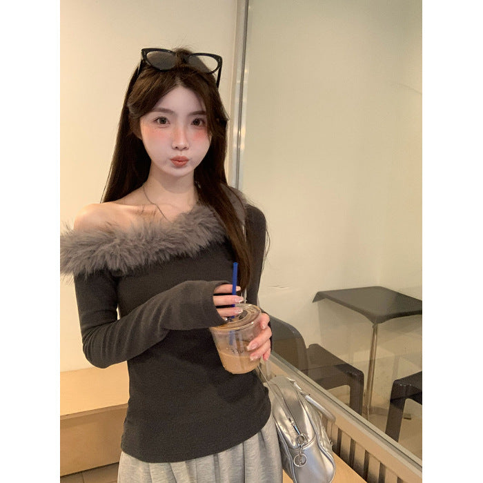 Womens Fluffy Slanted-shoulder Long-sleeve Top