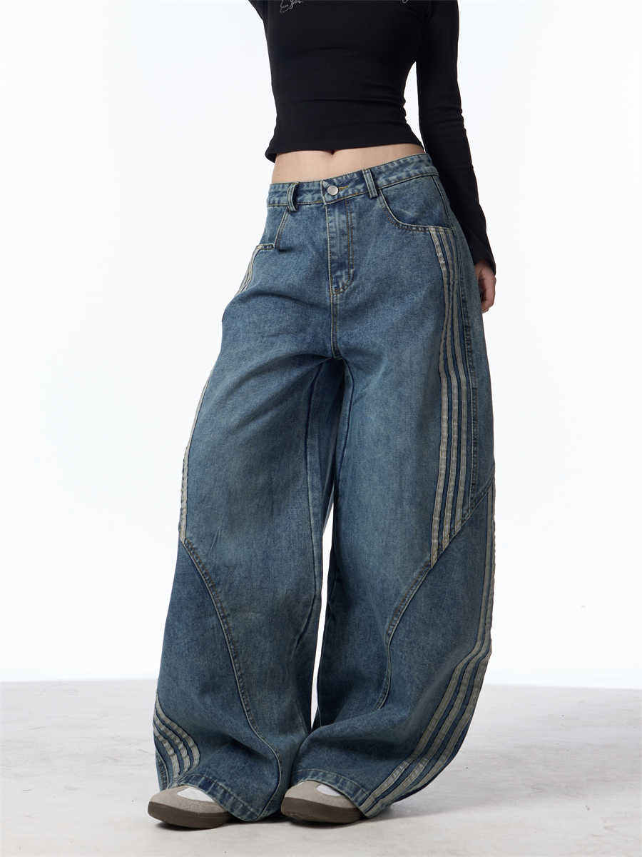 Retro Washed Jeans Women's Striped Stitching Wide-leg Pants