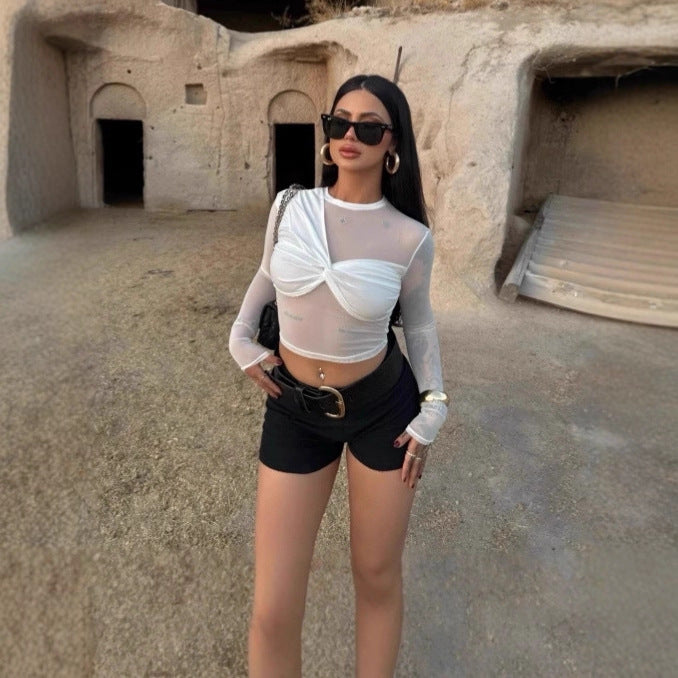 Mesh Long-sleeve Cropped Top With Patchwork Design