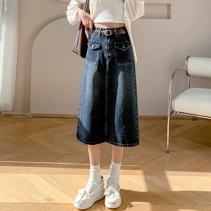 High Waist Denim Back Slit Skirt Slimming Casual A- Line
