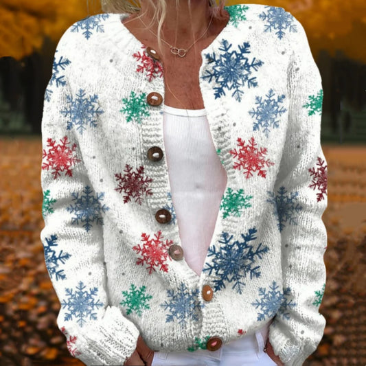 Rundhalset julesweater cardigan med knapper og lange ærmer