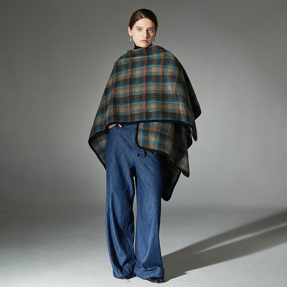 New Women's Fashionable Blue Plaid Shawl