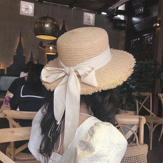 Women's Seaside Elegant Japanese Bow Flat Raffia Hat